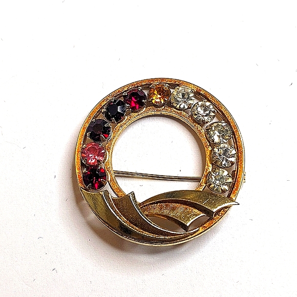 Jewelry - Vintage Gold Filled Multi Colored Crystal Brooch, Signed 1/20 12k GF